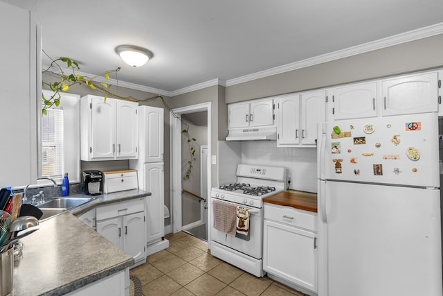 22358 Firwood Ave, Eastpointe, MI 48021 - kitchen with white appliances, under cabinet range hood, white cabinetry, decorative backsplash, and ornamental molding