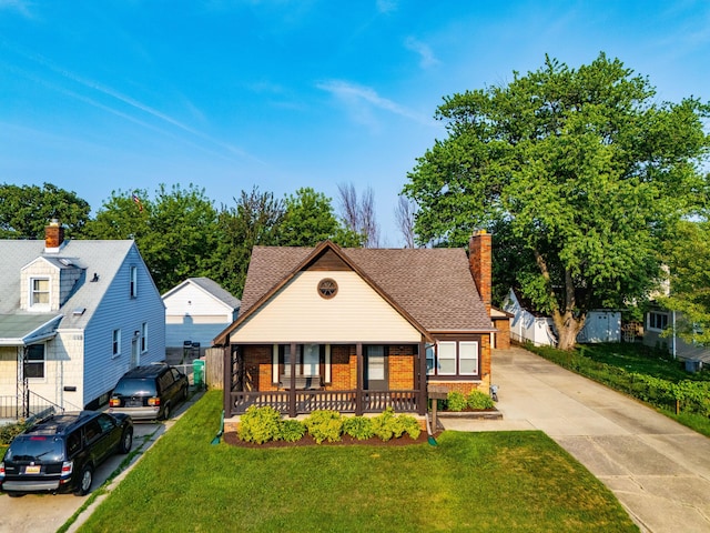 22358 Firwood Ave, Eastpointe, MI 48021 - view of front of house featuring a porch, a chimney, driveway, a front yard, and brick siding