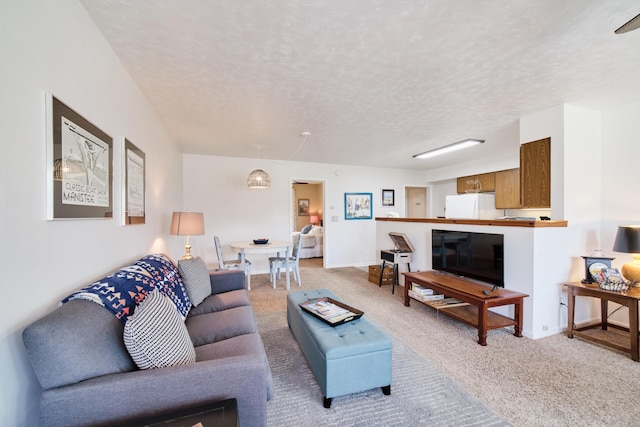 5015 Main St, Onekama, MI 49675 - living area featuring light colored carpet and a textured ceiling
