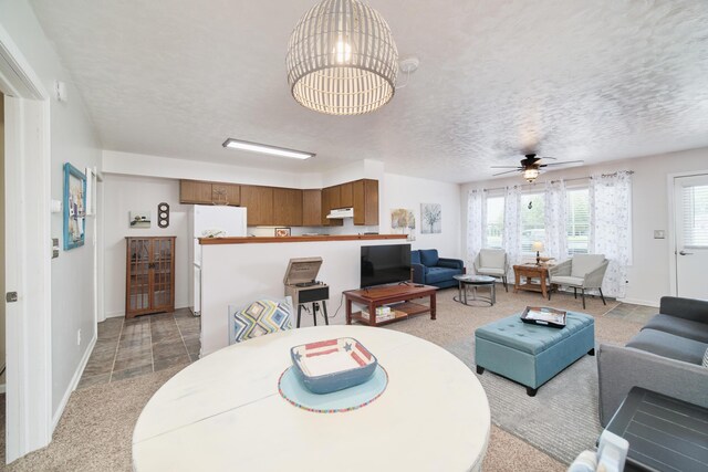 5015 Main St, Onekama, MI 49675 - dining space featuring ceiling fan, a chandelier, light carpet, and a textured ceiling