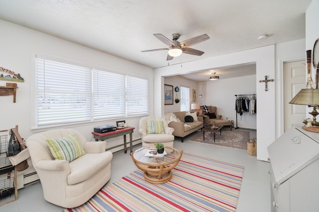 5015 Main St, Onekama, MI 49675 - living area featuring ceiling fan, baseboard heating, and finished concrete floors