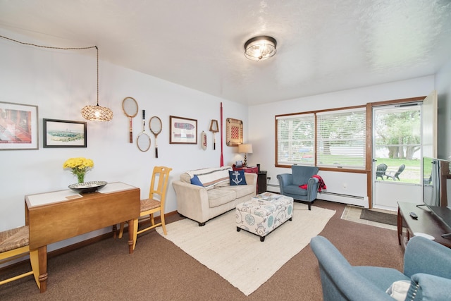 5015 Main St, Onekama, MI 49675 - carpeted living area featuring a baseboard heating unit