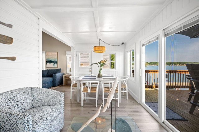 31326 Curran Beach Rd, Dowagiac, MI 49047 - sunroom featuring coffered ceiling and beam ceiling