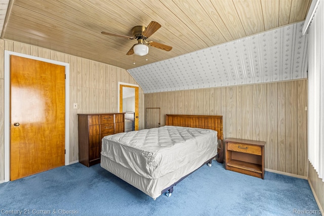 19163 Henry St, Melvindale, MI 48122 - bedroom with carpet flooring, wooden walls, wooden ceiling, lofted ceiling, and a ceiling fan