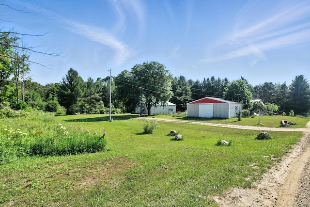 8698 Big Stone Lake Rd, Evart, MI 49631 - view of grassy yard with a pole building, dirt driveway, an outbuilding, and a garage