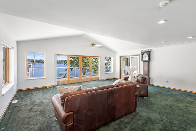 15665 Portage Rd, Vicksburg, MI 49097 - living area featuring carpet flooring, vaulted ceiling, ceiling fan, french doors, and recessed lighting