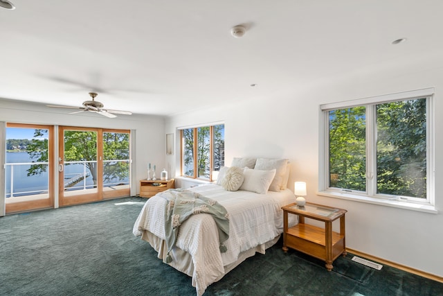 15665 Portage Rd, Vicksburg, MI 49097 - carpeted bedroom with access to exterior, multiple windows, and ceiling fan