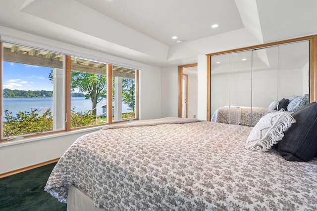15665 Portage Rd, Vicksburg, MI 49097 - bedroom featuring dark colored carpet, recessed lighting, a closet, a raised ceiling, and a water view