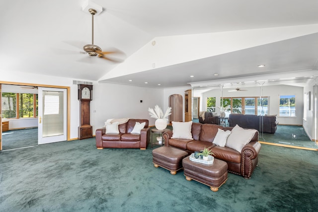 15665 Portage Rd, Vicksburg, MI 49097 - living room featuring a ceiling fan, carpet flooring, lofted ceiling, and recessed lighting
