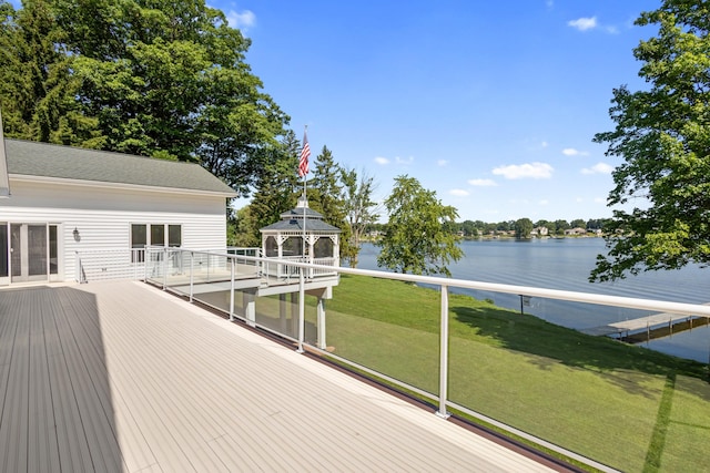 15665 Portage Rd, Vicksburg, MI 49097 - wooden terrace featuring a water view, a gazebo, and a lawn