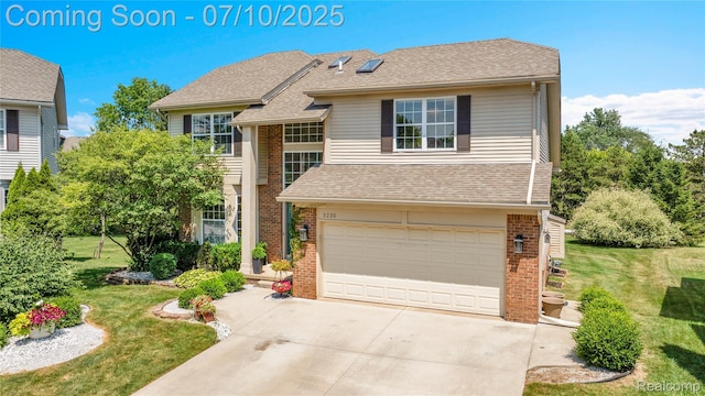 3230 Lynhurst Ct, Rochester, MI 48306 - traditional-style home with brick siding, a front lawn, concrete driveway, an attached garage, and roof with shingles