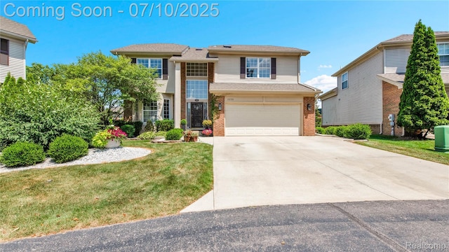 3230 Lynhurst Ct, Rochester, MI 48306 - view of front of home with brick siding, a garage, a front yard, and driveway