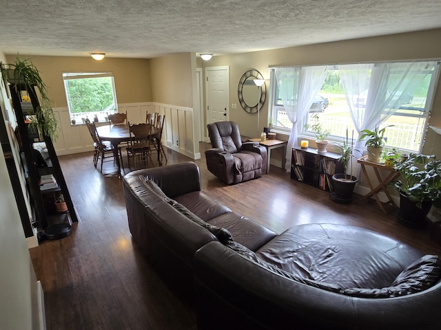3330 Bradford St NE, Grand Rapids, MI 49525 - living area with a textured ceiling, dark wood-style floors, and wainscoting