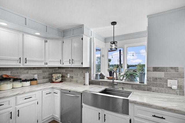 11560 Thrush Dr, Lakeview, MI 48850 - kitchen with stainless steel dishwasher, white cabinetry, backsplash, pendant lighting, and light stone counters