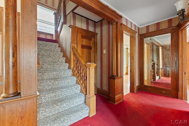 305 W Chicago Blvd, Tecumseh, MI 49286 - stairs with carpet, wallpapered walls, and crown molding