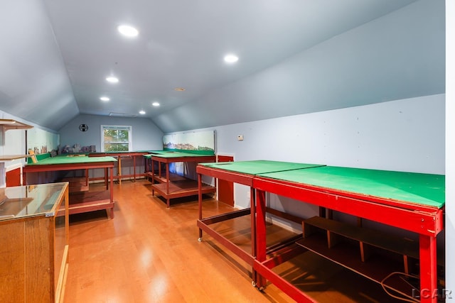 305 W Chicago Blvd, Tecumseh, MI 49286 - recreation room with light wood-style floors, vaulted ceiling, and recessed lighting