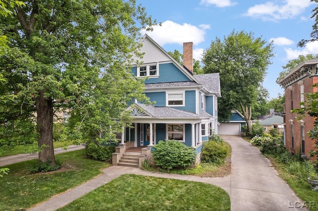 305 W Chicago Blvd, Tecumseh, MI 49286 - view of front of property with covered porch, roof with shingles, a chimney, a front lawn, and a detached garage