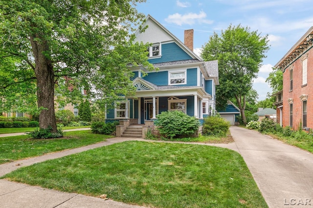 305 W Chicago Blvd, Tecumseh, MI 49286 - view of front of property with covered porch, a chimney, a front yard, and a detached garage