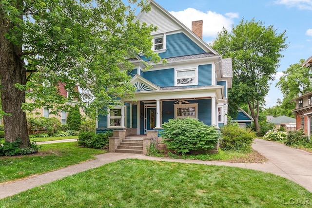 305 W Chicago Blvd, Tecumseh, MI 49286 - traditional style home with covered porch, a front yard, and a chimney