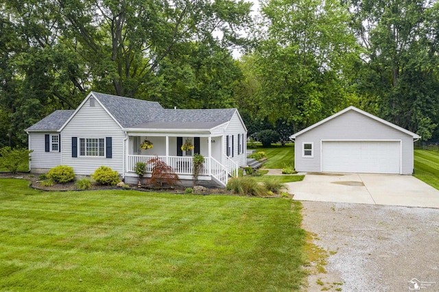 7768 Summerfield Rd, Lambertville, MI 48144 - view of front facade featuring a porch, a garage, an outdoor structure, roof with shingles, and a front lawn