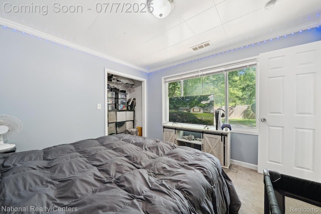 4714 Monterey Ave, Clarkston, MI 48348 - bedroom featuring light carpet and ornamental molding