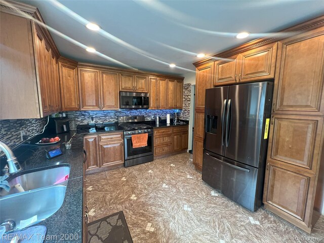 29203 Lake Park Dr, Farmington Hills, MI 48331 - kitchen featuring appliances with stainless steel finishes, brown cabinets, and decorative backsplash