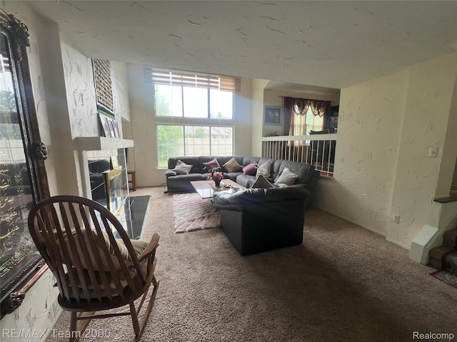 29203 Lake Park Dr, Farmington Hills, MI 48331 - living area featuring carpet, a glass covered fireplace, and a textured wall