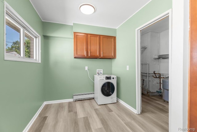 25615 Miracle Dr, Madison Heights, MI 48071 - laundry area with washer / clothes dryer, light wood-style floors, cabinet space, and a baseboard heating unit