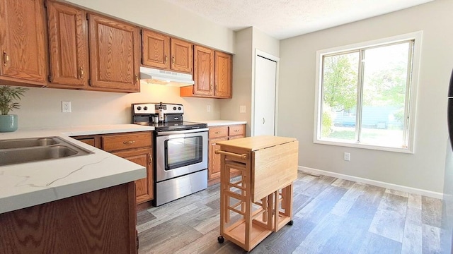 4763 Weston Ave, Kalamazoo, MI 49006 - kitchen featuring stainless steel electric range oven, under cabinet range hood, light wood-style flooring, brown cabinetry, and a textured ceiling