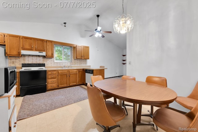 3447 Woodvalley Dr, Lapeer, MI 48446 - kitchen with range with electric cooktop, under cabinet range hood, light countertops, backsplash, and a ceiling fan