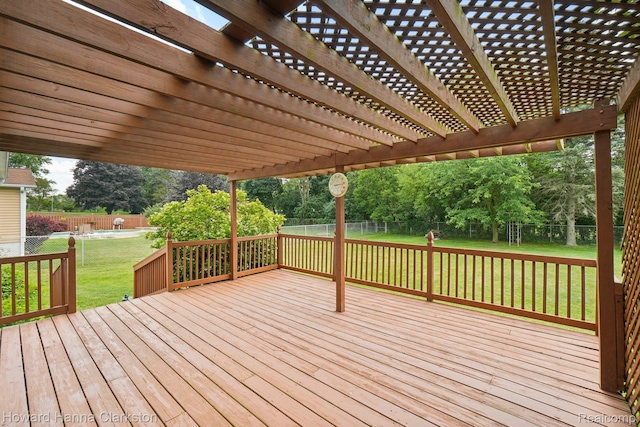 4220 England Beach Rd, White Lake, MI 48383 - wooden terrace featuring a fenced backyard, view of wooded area, and a pergola