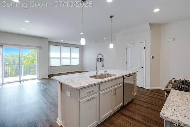 43433 Chancellor Ln, Novi, MI 48375 - kitchen featuring stainless steel dishwasher, dark wood-style floors, recessed lighting, pendant lighting, and open floor plan