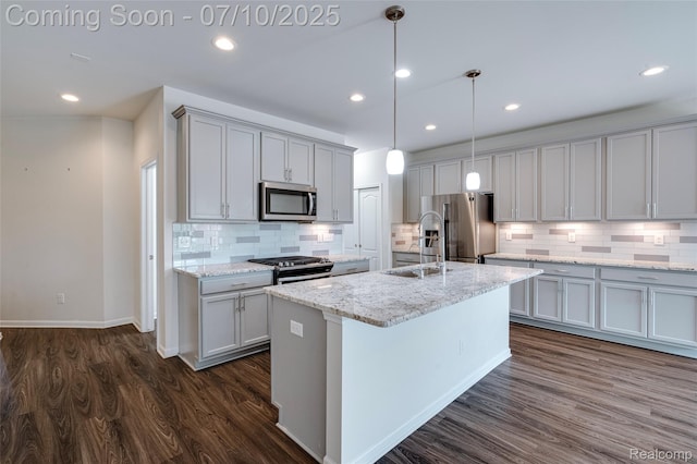 43433 Chancellor Ln, Novi, MI 48375 - kitchen featuring stainless steel appliances, dark wood-style flooring, tasteful backsplash, gray cabinets, and recessed lighting