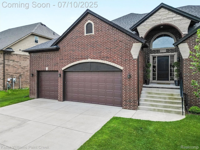 62777 Franklin Park Dr, Washington, MI 48094 - french provincial home with brick siding, concrete driveway, a garage, and roof with shingles