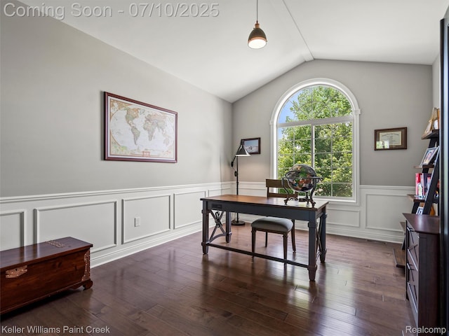 62777 Franklin Park Dr, Washington, MI 48094 - office with lofted ceiling, a wainscoted wall, a decorative wall, and dark wood-type flooring
