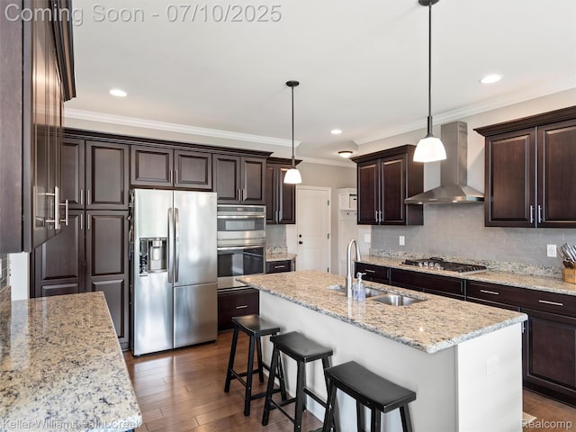 62777 Franklin Park Dr, Washington, MI 48094 - kitchen with appliances with stainless steel finishes, wall chimney exhaust hood, ornamental molding, dark brown cabinets, and decorative backsplash