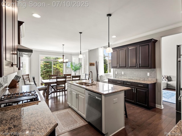 62777 Franklin Park Dr, Washington, MI 48094 - kitchen with dishwasher, ornamental molding, gas cooktop, dark wood-style floors, and decorative backsplash