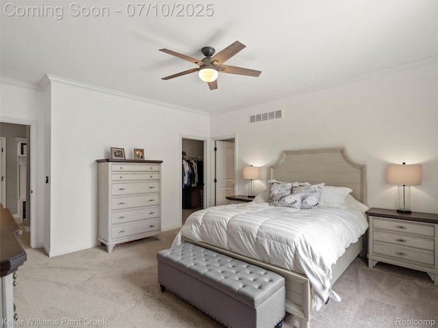 62777 Franklin Park Dr, Washington, MI 48094 - bedroom featuring crown molding, light carpet, a walk in closet, a closet, and a ceiling fan