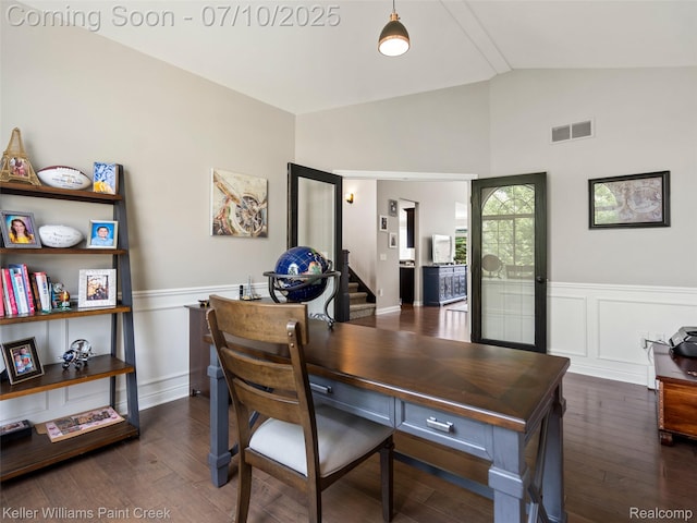 62777 Franklin Park Dr, Washington, MI 48094 - office featuring vaulted ceiling, wainscoting, wood finished floors, and a decorative wall