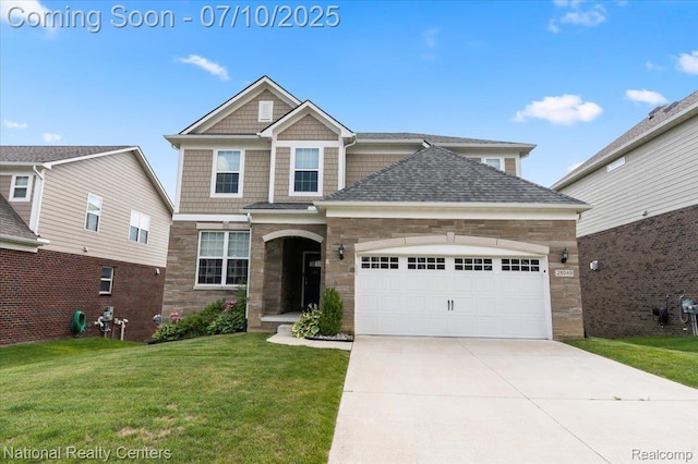 28049 Hummingdale Cir, Novi, MI 48377 - craftsman inspired home with stone siding, an attached garage, a front lawn, and concrete driveway