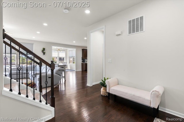 28049 Hummingdale Cir, Novi, MI 48377 - hall featuring stairway, wood finished floors, and recessed lighting