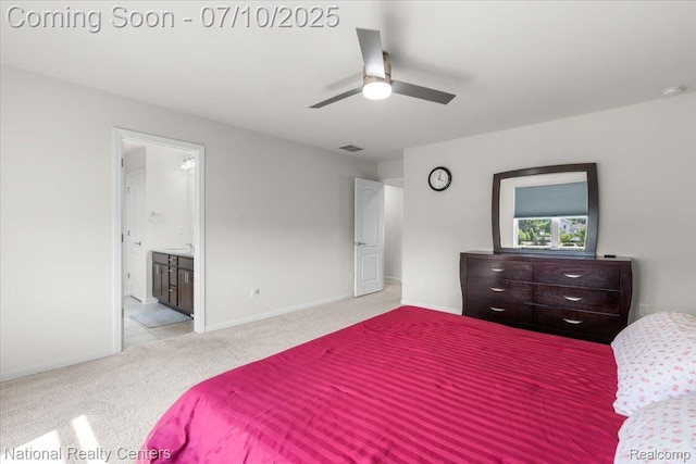 28049 Hummingdale Cir, Novi, MI 48377 - bedroom featuring light carpet, ensuite bath, and a ceiling fan