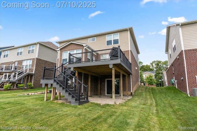 28049 Hummingdale Cir, Novi, MI 48377 - rear view of house with brick siding, a deck, stairway, and a yard