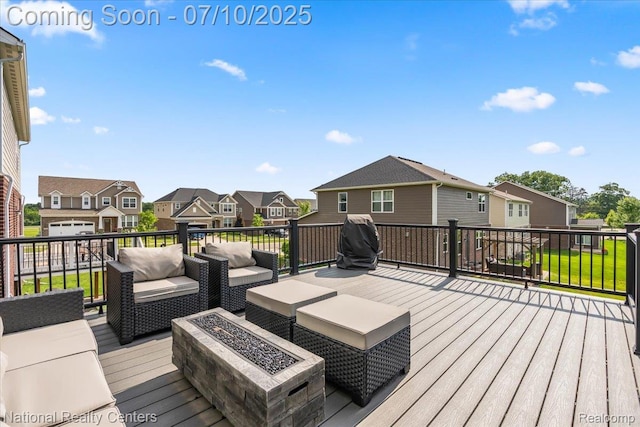 28049 Hummingdale Cir, Novi, MI 48377 - wooden terrace featuring a residential view, an outdoor living space with a fire pit, and grilling area