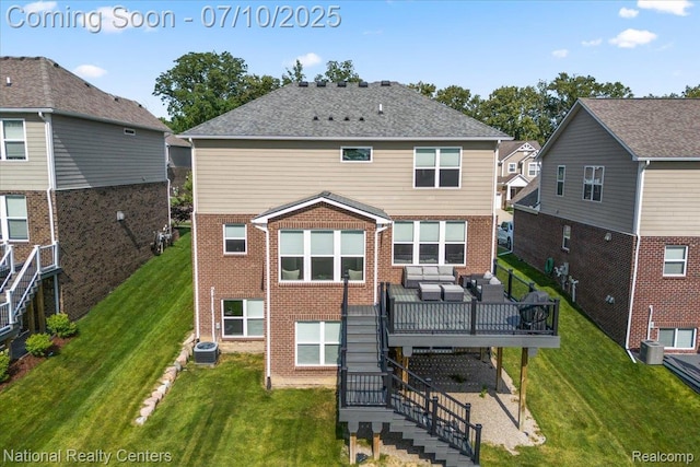 28049 Hummingdale Cir, Novi, MI 48377 - back of property featuring an outdoor living space, brick siding, stairway, a deck, and a yard