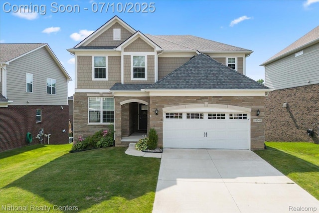 28049 Hummingdale Cir, Novi, MI 48377 - craftsman-style house with stone siding, an attached garage, driveway, a front yard, and a shingled roof