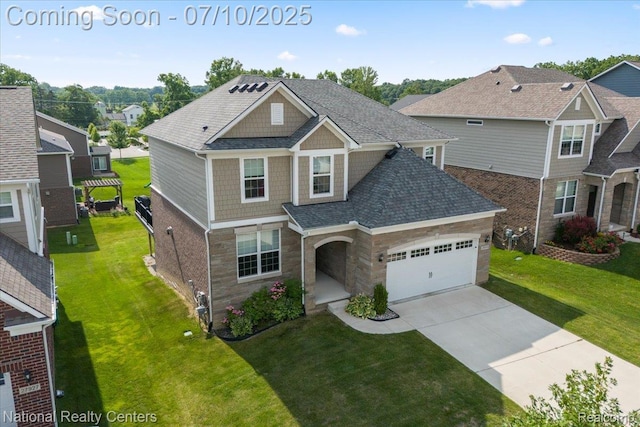 28049 Hummingdale Cir, Novi, MI 48377 - craftsman house with a garage, concrete driveway, stone siding, and a front yard
