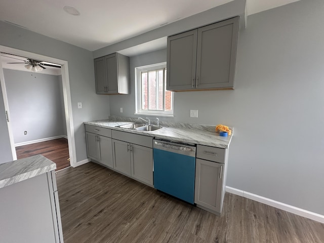 20523 Burt Rd, Detroit, MI 48219 - kitchen featuring dishwasher, gray cabinetry, ceiling fan, and dark wood-style flooring