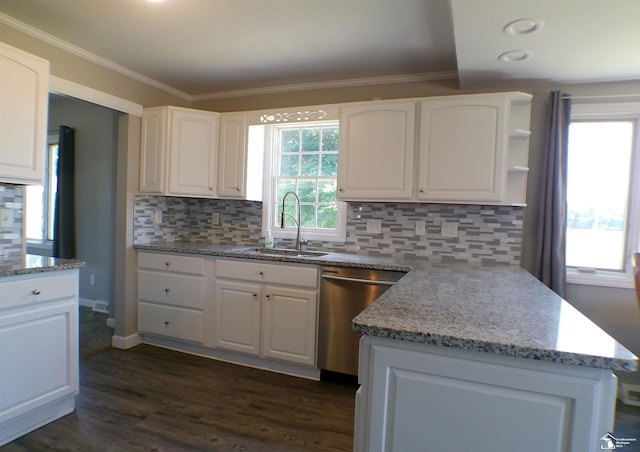 3380 Stewart Rd, Monroe, MI 48162 - kitchen with dishwasher, ornamental molding, white cabinetry, backsplash, and dark wood-style floors