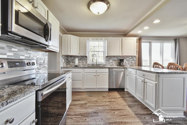 3380 Stewart Rd, Monroe, MI 48162 - kitchen with appliances with stainless steel finishes, a peninsula, stone counters, wood finished floors, and white cabinetry